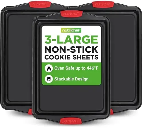 NutriChef 3-Piece Large Nonstick Cookie Sheets for Baking | Premium Food-Grade Carbon Steel, Non-Stick Tray Set with Silicone Handles, Oven Safe up to 446°F | Easy to Clean, 17.2 x 11.8 x 0.7 Inch 