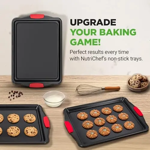 NutriChef 3-Piece Large Nonstick Cookie Sheets for Baking | Premium Food-Grade Carbon Steel, Non-Stick Tray Set with Silicone Handles, Oven Safe up to 446°F | Easy to Clean, 17.2 x 11.8 x 0.7 Inch - 5