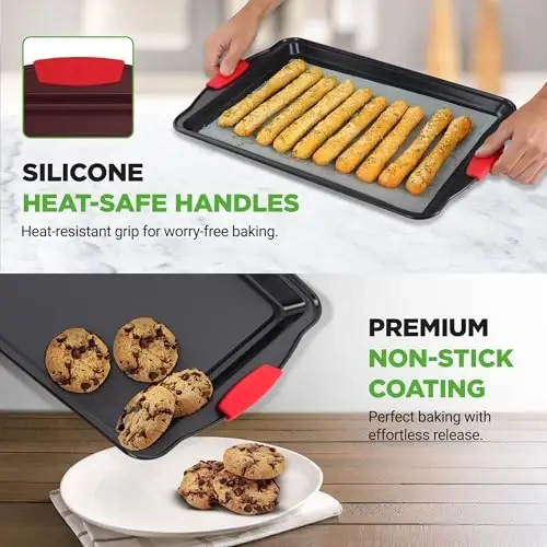 NutriChef 3-Piece Large Nonstick Cookie Sheets for Baking | Premium Food-Grade Carbon Steel, Non-Stick Tray Set with Silicone Handles, Oven Safe up to 446°F | Easy to Clean, 17.2 x 11.8 x 0.7 Inch - 6