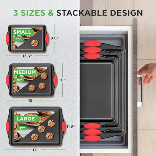 NutriChef 3-Piece Nonstick Kitchen Oven Baking Pans - Premium & Stylish Non-Stick Steel, Commercial Grade Restaurant Quality Metal Bakeware with Red Silicone Handles - Easy to Clean, NCSBS3S - 2