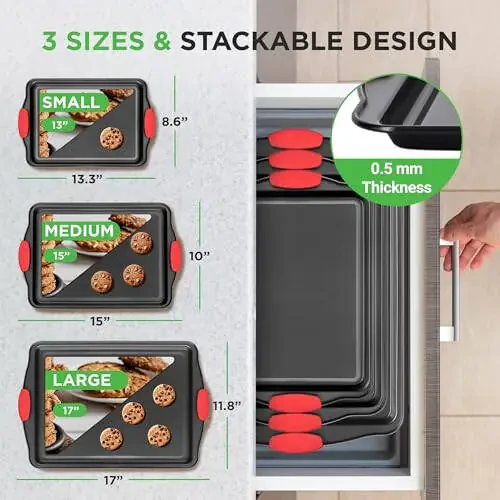 NutriChef 3-Piece Nonstick Kitchen Oven Baking Pans - Premium & Stylish Non-Stick Steel, Commercial Grade Restaurant Quality Metal Bakeware with Red Silicone Handles - Easy to Clean, NCSBS3S - 1