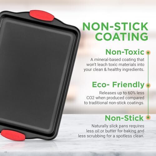 NutriChef 3-Piece Nonstick Kitchen Oven Baking Pans - Premium & Stylish Non-Stick Steel, Commercial Grade Restaurant Quality Metal Bakeware with Red Silicone Handles - Easy to Clean, NCSBS3S - 3