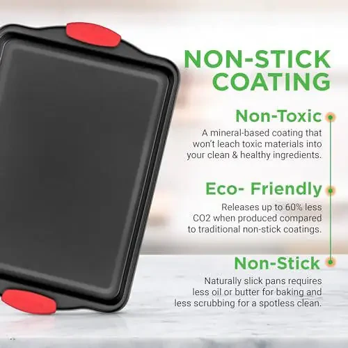NutriChef 3-Piece Nonstick Kitchen Oven Baking Pans - Premium & Stylish Non-Stick Steel, Commercial Grade Restaurant Quality Metal Bakeware with Red Silicone Handles - Easy to Clean, NCSBS3S - 3