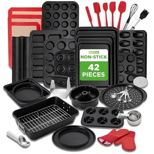 NutriChef 42-Piece Ultimate Nonstick Bakeware Set - Carbon Steel Baking Pans, Everyday Baking Tools, Oven Mitts, & More - Ideal for Baking Delicious Savory & Sweet Treats - Complete Set for Bakers - 1