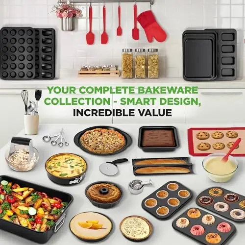 NutriChef 42-Piece Nonstick Bakeware Set | Carbon Steel Baking Pans Set with Oven Mitts, Muffin Trays, Cookie Sheets, Loaf Pan, & Accessories for Cakes, Pizza & Bread. - 5