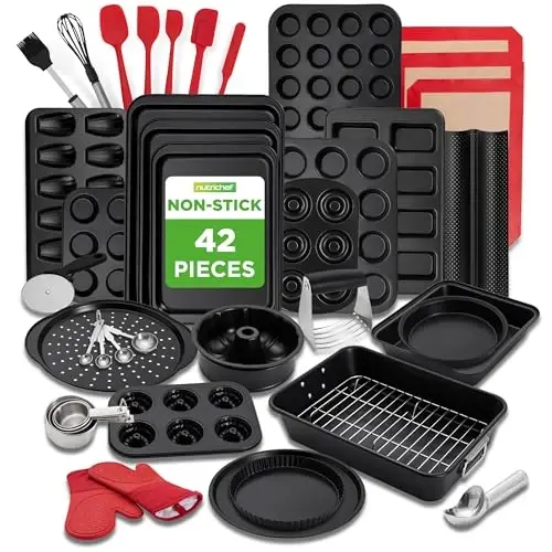 NutriChef 42-Piece Nonstick Bakeware Set | Carbon Steel Baking Pans Set with Oven Mitts, Muffin Trays, Cookie Sheets, Loaf Pan, & Accessories for Cakes, Pizza & Bread. - NUTRICHEF