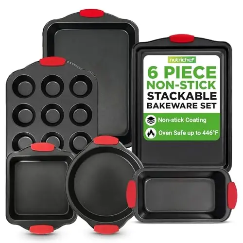 NutriChef 6-Piece Nonstick Bakeware Set - Carbon Steel Baking Pans Set w/ Heatsafe Red Silicone Handles, Oven Safe Up to 450°F, Loaf Muffin Round/Square Pans, Cookie Sheet, Baking Pan -NCSBS6S,Black 
