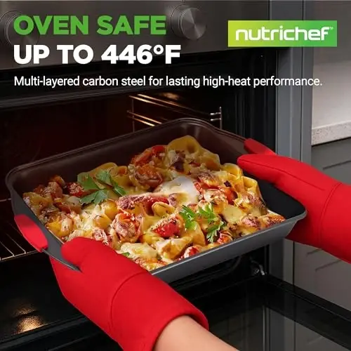 NutriChef 6-Piece Nonstick Bakeware Set - Carbon Steel Baking Pans Set w/ Heatsafe Red Silicone Handles, Oven Safe Up to 450°F, Loaf Muffin Round/Square Pans, Cookie Sheet, Baking Pan -NCSBS6S,Black 