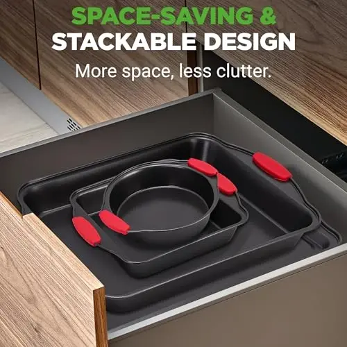 NutriChef 6-Piece Nonstick Bakeware Set - Carbon Steel Baking Pans Set w/ Heatsafe Red Silicone Handles, Oven Safe Up to 450°F, Loaf Muffin Round/Square Pans, Cookie Sheet, Baking Pan -NCSBS6S,Black - NUTRICHEF (1)