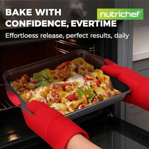 NutriChef 6-Piece Nonstick Bakeware Set - Carbon Steel Baking Pans Set w/ Heatsafe Red Silicone Handles, Oven Safe Up to 450°F, Loaf Muffin Round/Square Pans, Cookie Sheet, Baking Pan -NCSBS6S,Black - NUTRICHEF (1)