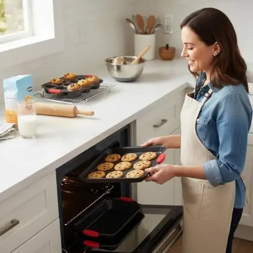 NutriChef 6-Piece Nonstick Bakeware Set - Carbon Steel Baking Pans Set w/ Heatsafe Red Silicone Handles, Oven Safe Up to 450°F, Loaf Muffin Round/Square Pans, Cookie Sheet, Baking Pan -NCSBS6S,Black - 4