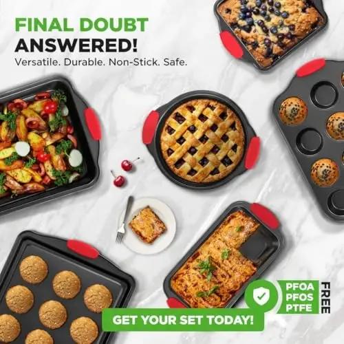 NutriChef 6-Piece Nonstick Bakeware Set - Carbon Steel Baking Pans Set w/ Heatsafe Red Silicone Handles, Oven Safe Up to 450°F, Loaf Muffin Round/Square Pans, Cookie Sheet, Baking Pan -NCSBS6S,Black - 5
