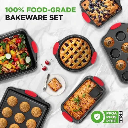 NutriChef 6-Piece Nonstick Bakeware Set - Carbon Steel Baking Pans Set w/ Heatsafe Red Silicone Handles, Oven Safe Up to 450°F, Loaf Muffin Round/Square Pans, Cookie Sheet, Baking Pan -NCSBS6S,Black - 4