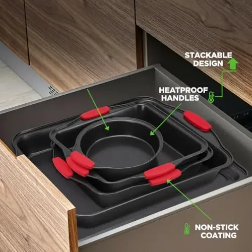 NutriChef 6-Piece Nonstick Bakeware Set - Carbon Steel Baking Pans Set w/ Heatsafe Red Silicone Handles, Oven Safe Up to 450°F, Loaf Muffin Round/Square Pans, Cookie Sheet, Baking Pan -NCSBS6S,Black - 3
