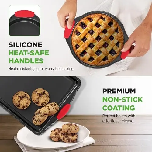 NutriChef 6-Piece Nonstick Bakeware Set - Carbon Steel Baking Pans Set w/ Heatsafe Red Silicone Handles, Oven Safe Up to 450°F, Loaf Muffin Round/Square Pans, Cookie Sheet, Baking Pan -NCSBS6S,Black - 6