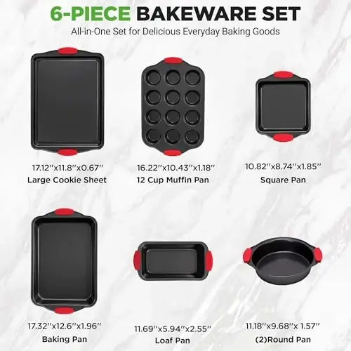 NutriChef 6 qismli yopishmaydigan pishiriqlar to'plami - Issiqlikka chidamli qizil silikon tutqichli karbonli po'latdan yasalgan pishirish qozonlari to'plami, pechda 450°F gacha xavfsiz, non bo'laklari dumaloq/to'rtburchak qozonlar, pechene varag'i, pishirish qozoni -NCSBS6S, qora - 3