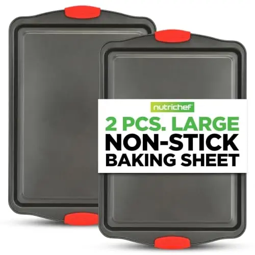 NutriChef Baking Sheet Set, 2-Piece Nonstick Cookie Sheets | Includes 2 wide baking pans with scratch-resistant coating, silicone handles, and oven-safe design up to 450°F - 1