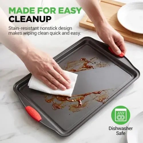 NutriChef Baking Sheet Set, 2-Piece Nonstick Cookie Sheets | Includes 2 wide baking pans with scratch-resistant coating, silicone handles, and oven-safe design up to 450°F - 6