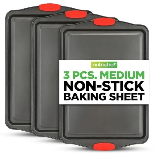 NutriChef Baking Sheet Set, 3-Piece Nonstick Cookie Sheets | Includes 3 15”x10” medium baking pans with scratch-resistant coating, silicone handles, and oven-safe design up to 450°F - NutriChef