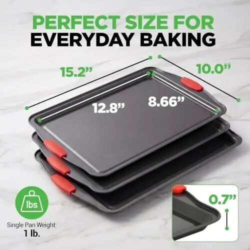 NutriChef Baking Sheet Set, 3-Piece Nonstick Cookie Sheets | Includes 3 15”x10” medium baking pans with scratch-resistant coating, silicone handles, and oven-safe design up to 450°F - NutriChef (1)
