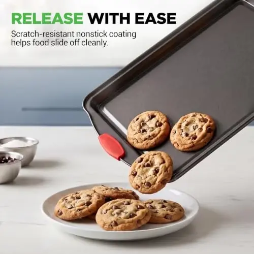 NutriChef Baking Sheet Set, 3-Piece Nonstick Cookie Sheets | Includes 3 15”x10” medium baking pans with scratch-resistant coating, silicone handles, and oven-safe design up to 450°F - 3