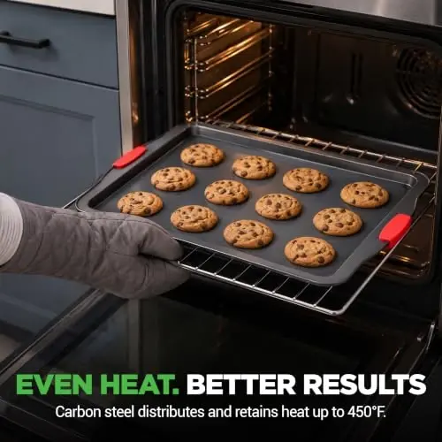 NutriChef Baking Sheet Set, 3-Piece Nonstick Cookie Sheets | Includes 3 15”x10” medium baking pans with scratch-resistant coating, silicone handles, and oven-safe design up to 450°F - 4