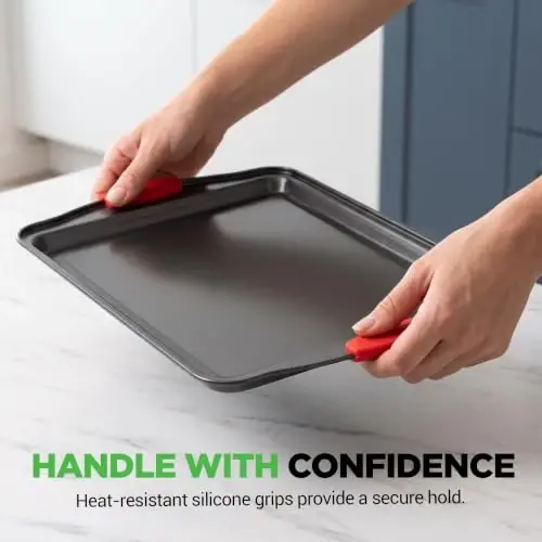 NutriChef Baking Sheet Set, 3-Piece Nonstick Cookie Sheets | Includes 3 15”x10” medium baking pans with scratch-resistant coating, silicone handles, and oven-safe design up to 450°F - 5