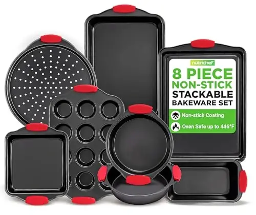 NutriChef Non-Stick Kitchen Oven Baking Pans-Deluxe & Stylish Nonstick Gray Coating Inside Outside, Commercial Grade Restaurant Quality Metal Bakeware with Red Silicone Handles NCSBS8S, 8 Piece Set - NUTRICHEF