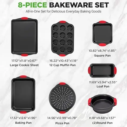 NutriChef Non-Stick Kitchen Oven Baking Pans-Deluxe & Stylish Nonstick Gray Coating Inside Outside, Commercial Grade Restaurant Quality Metal Bakeware with Red Silicone Handles NCSBS8S, 8 Piece Set - 4