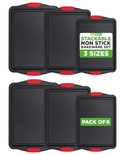 NutriChef Nonstick Baking Pans Set – Premium Cookie Sheets for Baking, Carbon Steel Stackable Baking Trays with Red Silicone Handles, Oven Safe Pans for Cookies, and Cakes, Dishwasher Safe (6 Pack) - NUTRICHEF