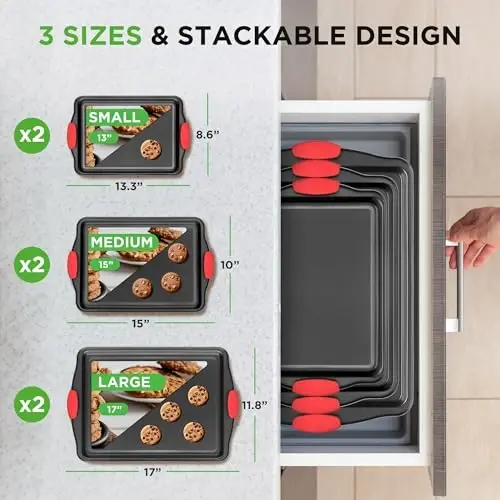 NutriChef Nonstick Baking Pans Set – Premium Cookie Sheets for Baking, Carbon Steel Stackable Baking Trays with Red Silicone Handles, Oven Safe Pans for Cookies, and Cakes, Dishwasher Safe (6 Pack) - 2