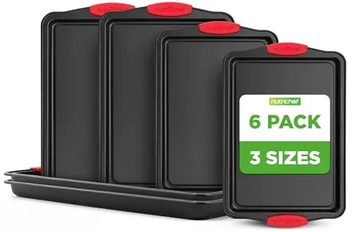 NutriChef Nonstick Baking Pans Set – Premium Cookie Sheets for Baking, Carbon Steel Stackable Baking Trays with Red Silicone Handles, Oven Safe Pans for Cookies, and Cakes, Dishwasher Safe (6 Pack) - 1
