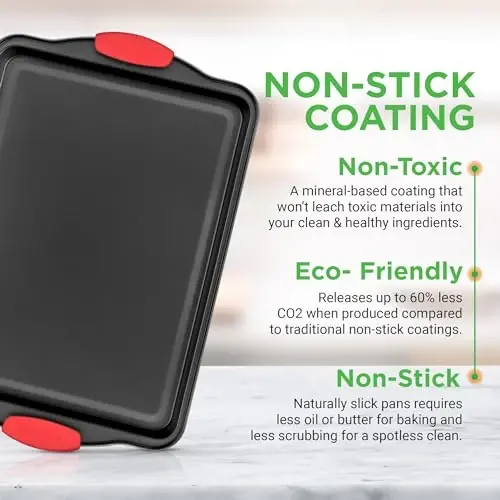 NutriChef Nonstick Cookie Sheets – Carbon Steel Baking Sheet Set with Non Stick Coating & Red Silicone Handles – Oven Pans for Family Baking 3-Piece Set (Pack of 10) - 4