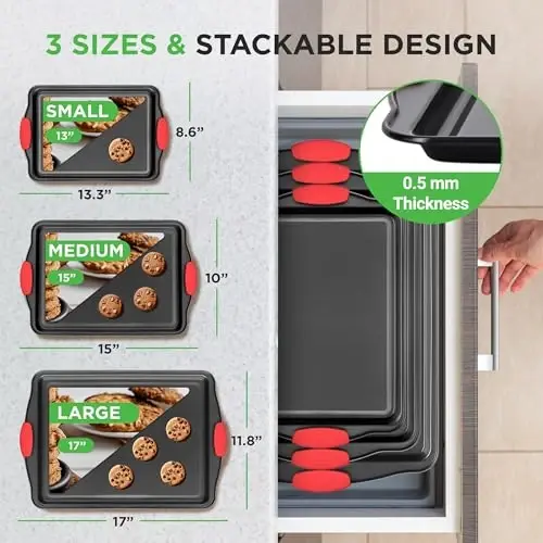 NutriChef Nonstick Cookie Sheets – Carbon Steel Baking Sheet Set with Non Stick Coating & Red Silicone Handles – Oven Pans for Family Baking 3-Piece Set (Pack of 10) - NutriChef (1)