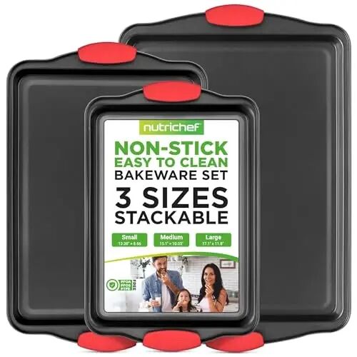 NutriChef Nonstick Cookie Sheets – Carbon Steel Baking Sheet Set with Non Stick Coating & Red Silicone Handles – Oven Pans for Family Baking 3-Piece Set (Pack of 10) - NutriChef
