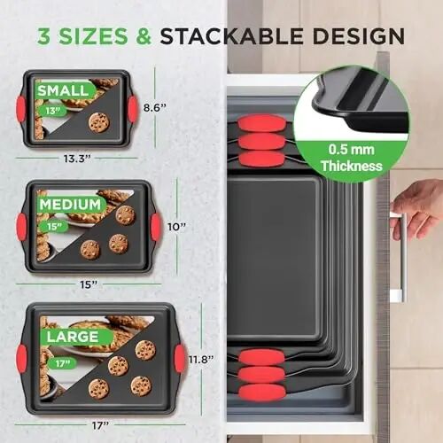 NutriChef Nonstick Cookie Sheets – Carbon Steel Baking Sheet Set with Non Stick Coating & Red Silicone Handles – Oven Pans for Family Baking 3-Piece Set (Pack of 10) - NutriChef (1)