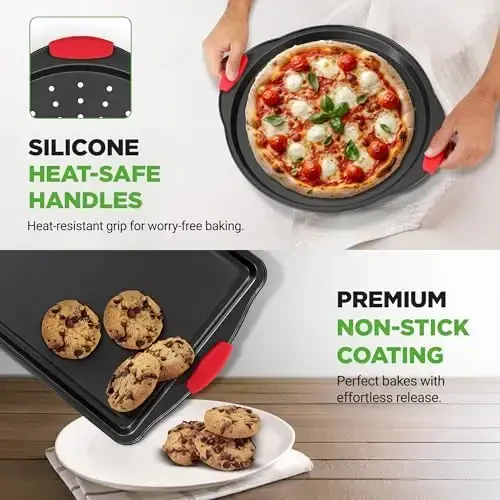 NutriChef Non-Stick Kitchen Oven Baking Pans-Deluxe & Stylish Nonstick Gray Coating Inside Outside, Commercial Grade Restaurant Quality Metal Bakeware with Red Silicone Handles NCSBS8S, 8 Piece Set - 6