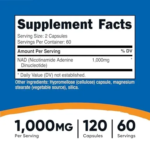 Nutricost NAD+ qo'shimchasi, bir porsiyada 1000 mg, 120 kapsula (Nikotinamid Adenin Dinukleotid) - 60 porsiya, Glutensiz, Vegan - Nutricost (1)