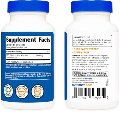 Nutricost NAD+ qo'shimchasi, bir porsiyada 1000 mg, 120 kapsula (Nikotinamid Adenin Dinukleotid) - 60 porsiya, Glutensiz, Vegan - 4