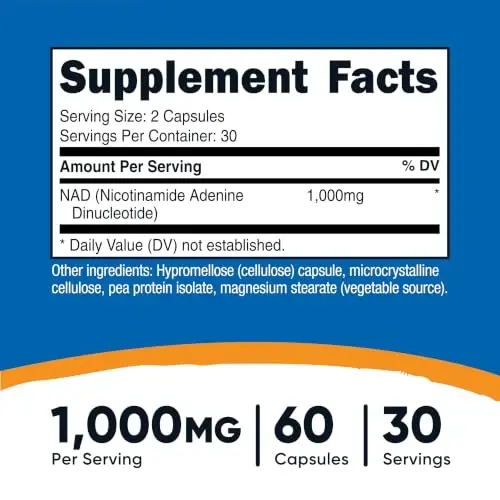 Nutricost NAD+ Supplement (1,000mg) 60 Capsules, 30 Servings, Gluten Free | Nicotinamide Adenine Dinucleotide, Vegan, GMO-Free - 2