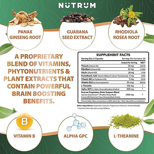 Nutrum Brain Booster Supplement - Пищевая добавка для мозга Nootropic Booster – Таблетки для мозга Витамин для концентрации, памяти, ясности, энергии и лучшей концентрации, с DMAE, бакопа монье, L-глутамин - 3