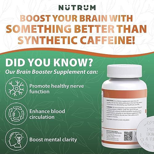 Nutrum Brain Booster Supplement - Пищевая добавка для мозга Nootropic Booster – Таблетки для мозга Витамин для концентрации, памяти, ясности, энергии и лучшей концентрации, с DMAE, бакопа монье, L-глутамин - 4