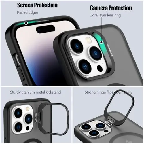 Nvollnoe for iPhone 14 Pro Max Case Compatible with MagSafe Military Grade Shockproof Heavy Duty Protective Adjustable Kickstand Matte Semi Clear Phone Case for iPhone 14 Pro Max(Black) - 3