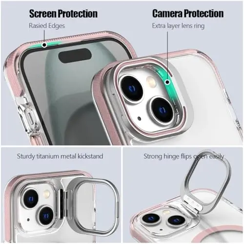 Nvollnoe for iPhone 15 Case Compatible with MagSafe Military Grade Shockproof Heavy Duty Protective Adjustable Kickstand Clear Phone Case for iPhone 15(Clear Pink) - 3
