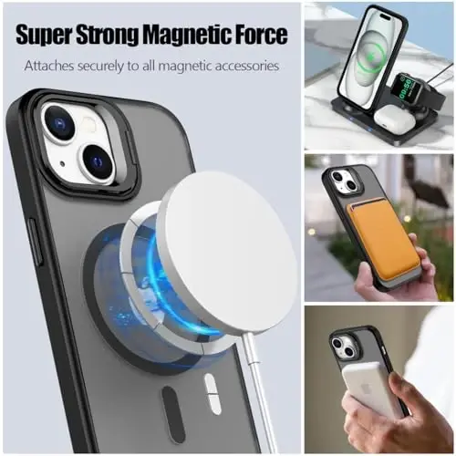 Nvollnoe for iPhone 15 Case Compatible with MagSafe Military Grade Shockproof Heavy Duty Protective Adjustable Kickstand Matte Semi Clear Phone Case for iPhone 15(Black) - NVOLLNOE (1)