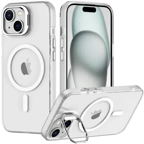 Nvollnoe for iPhone 15 Case Compatible with MagSafe Military Grade Shockproof Heavy Duty Protective Adjustable Kickstand Matte Semi Clear Phone Case for iPhone 15(Clear) 