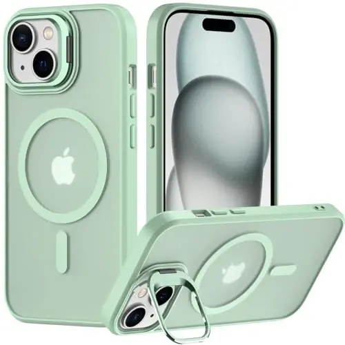 Nvollnoe for iPhone 15 Case Compatible with MagSafe Military Grade Shockproof Heavy Duty Protective Adjustable Kickstand Matte Semi Clear Phone Case for iPhone 15(Mint) 
