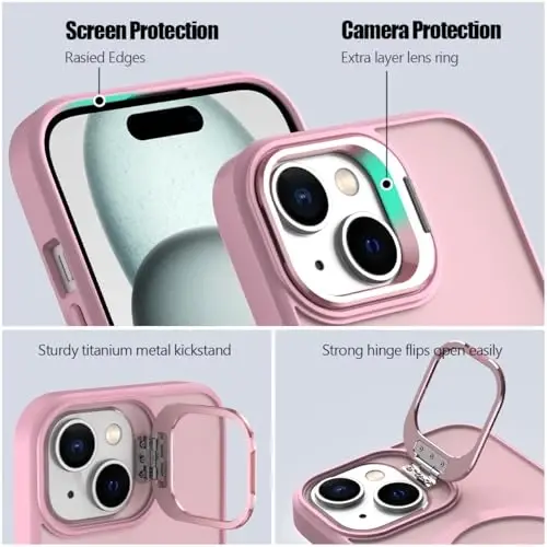 Nvollnoe for iPhone 15 Case Compatible with MagSafe Military Grade Shockproof Heavy Duty Protective Adjustable Kickstand Matte Semi Clear Phone Case for iPhone 15(Pink) - 3