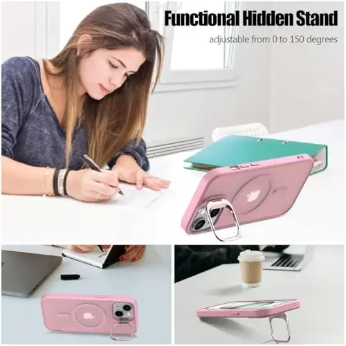 Nvollnoe for iPhone 15 Case Compatible with MagSafe Military Grade Shockproof Heavy Duty Protective Adjustable Kickstand Matte Semi Clear Phone Case for iPhone 15(Pink) - 4