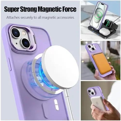 Nvollnoe for iPhone 15 Case Compatible with MagSafe Military Grade Shockproof Heavy Duty Protective Adjustable Kickstand Matte Semi Clear Phone Case for iPhone 15(Purple) - 2